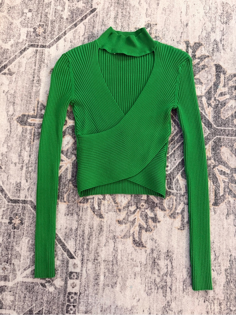 Zara Green Ribbed Wrap-Front Long Sleeve Top Cropped Turtleneck Stretchy